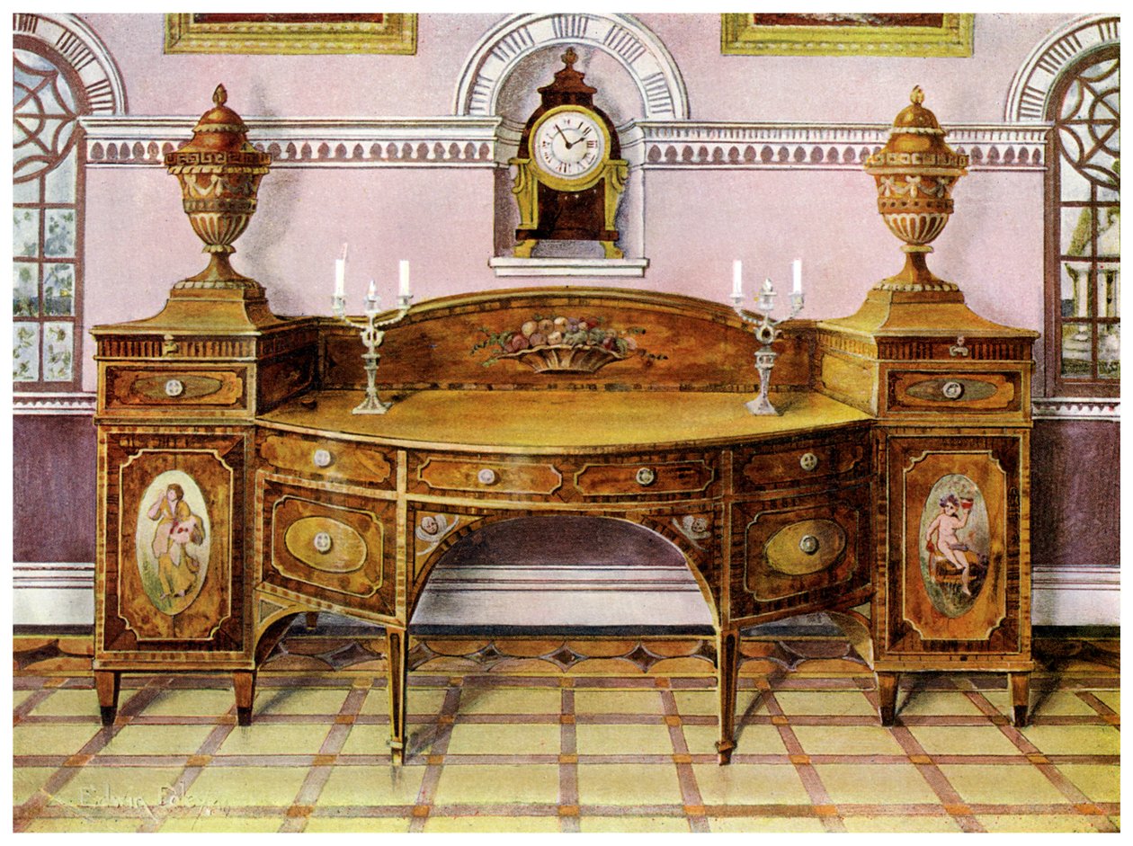 Bemalter und eingelegter Satinholz-Sideboard und Mahagoni-Konsolenuhr, 1911-1912 von Edwin Foley