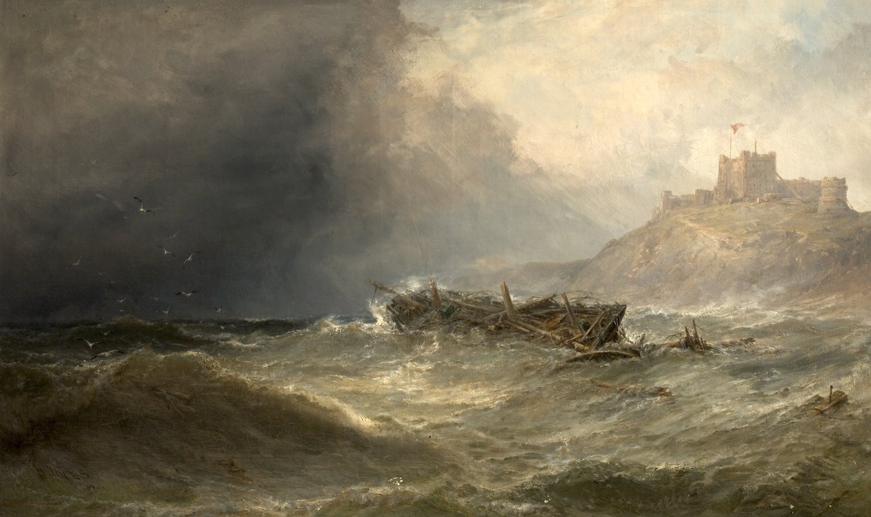 Brigg treibt an Land vor Bamborough, Northumberland, 1875 von Edwin Hayes