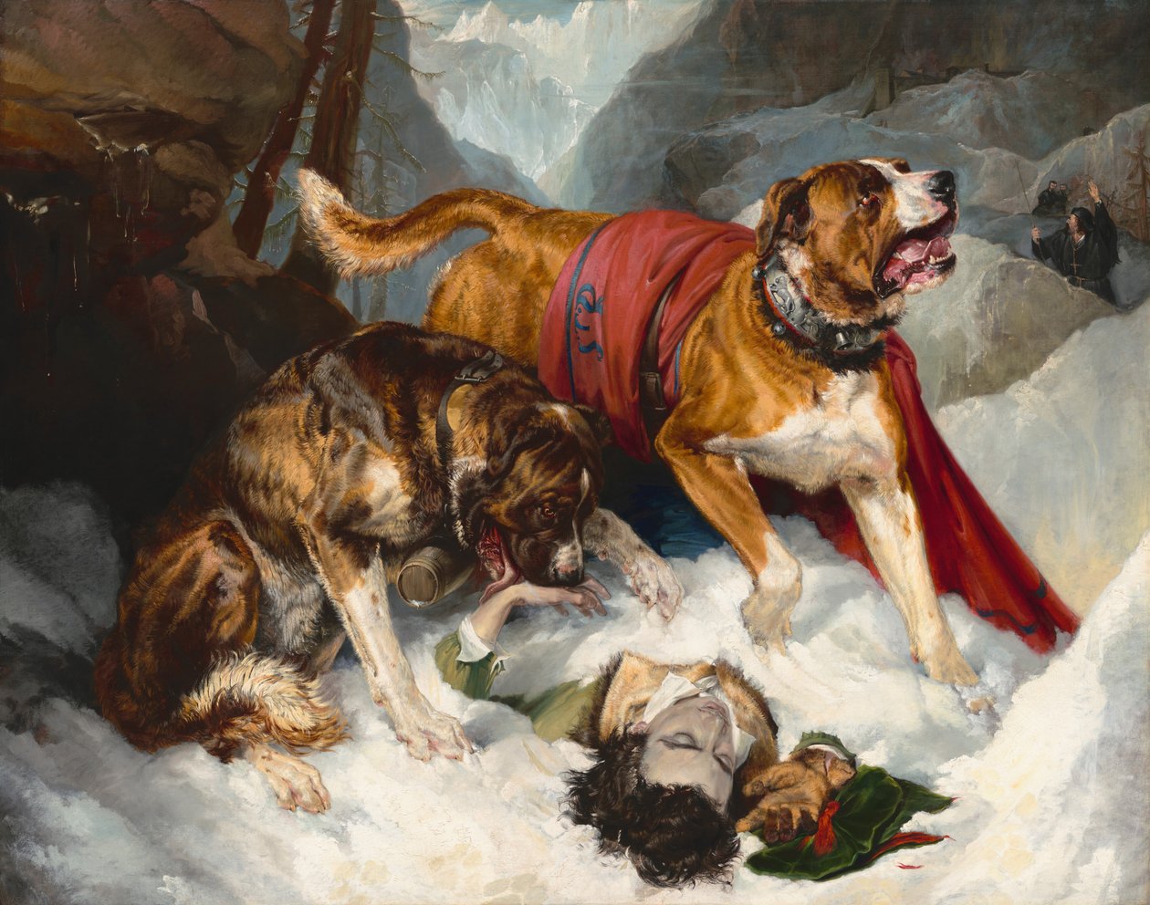 Alpenmastiffs beleben einen erschöpften Reisenden von Edwin Henry Landseer