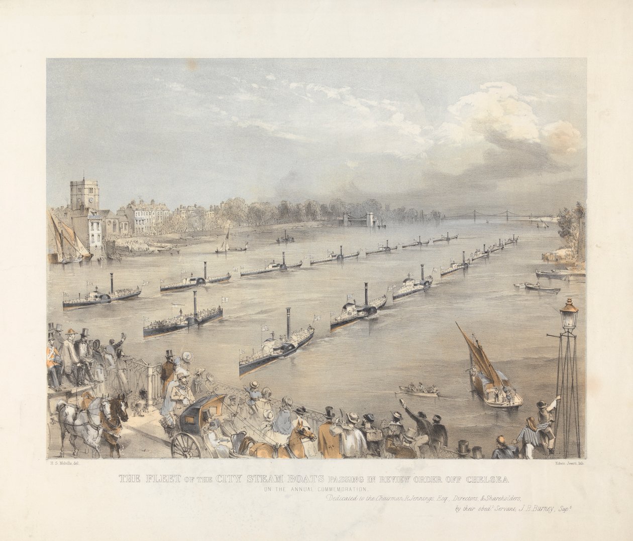 Die Flotte der Stadt-Dampfschiffe in Paradeordnung vor Chalsea bei der jährlichen Londoner Gedenkfeier von Edwin Jewitt