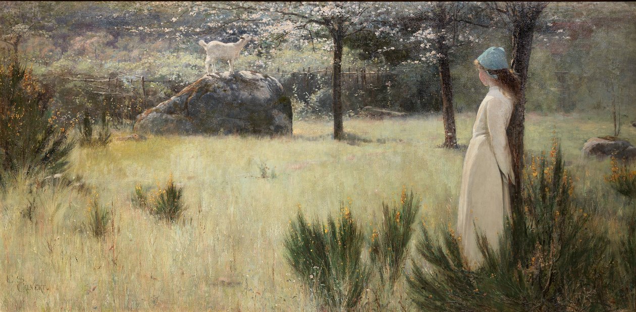 Die junge Schäferin und ihre Ziege auf einer Frühlingsweide von Edwin Sherwood Calvert