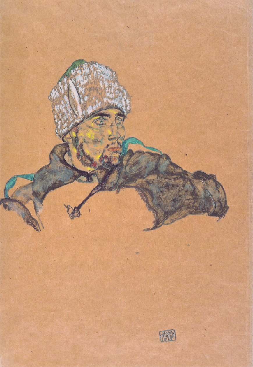 Russischer Kriegsgefangener mit Pelzmütze von Egon Schiele