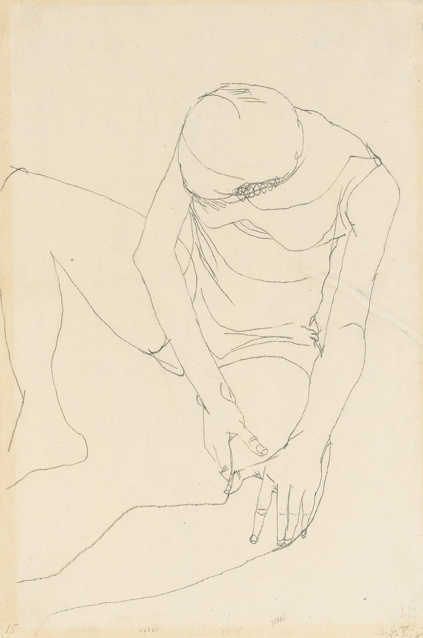 Weiblicher Akt, nach vorne gebeugt, beide Hände auf dem linken Oberschenkel, 1913 von Egon Schiele