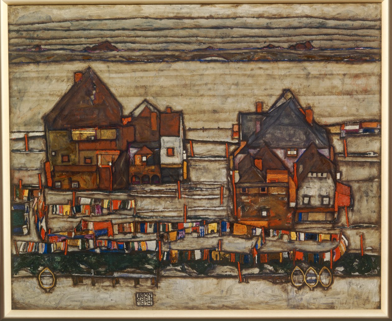 Häuser und bunte Wäsche, Vorstadt von Egon Schiele