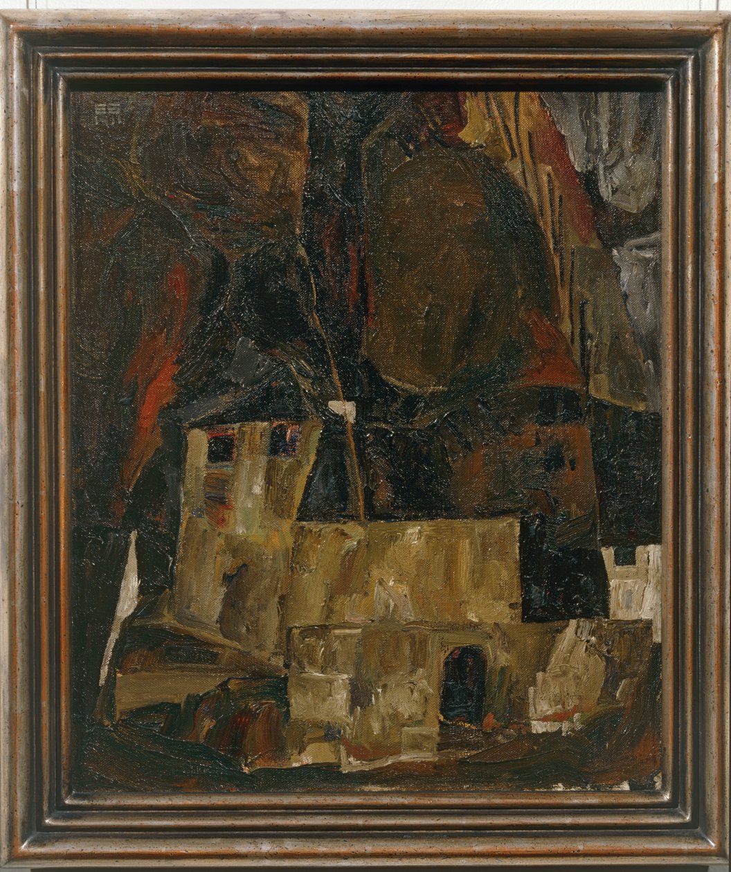 Haus und Mauer vor hügeligem Gelände von Egon Schiele