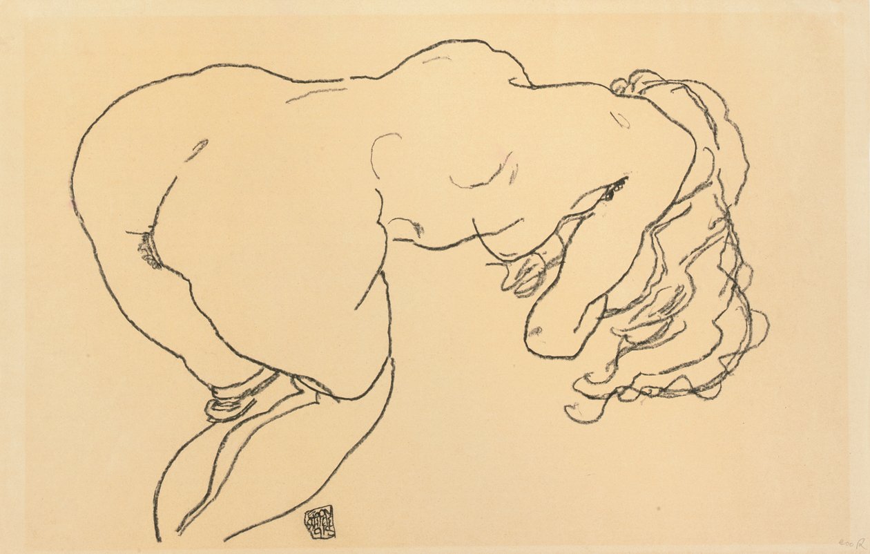 Langhaariger Akt, vornübergebeugt, Rückenansicht, 1918 von Egon Schiele