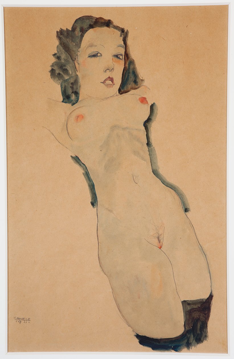 Liegender Akt mit schwarzen Strümpfen von Egon Schiele