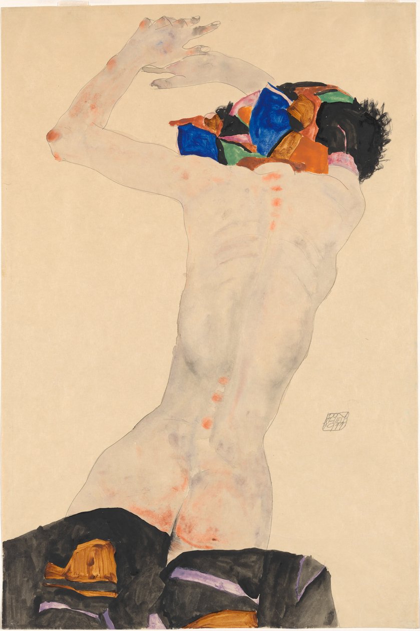 Rückenakt mit buntem Tuch, 1911 von Egon Schiele
