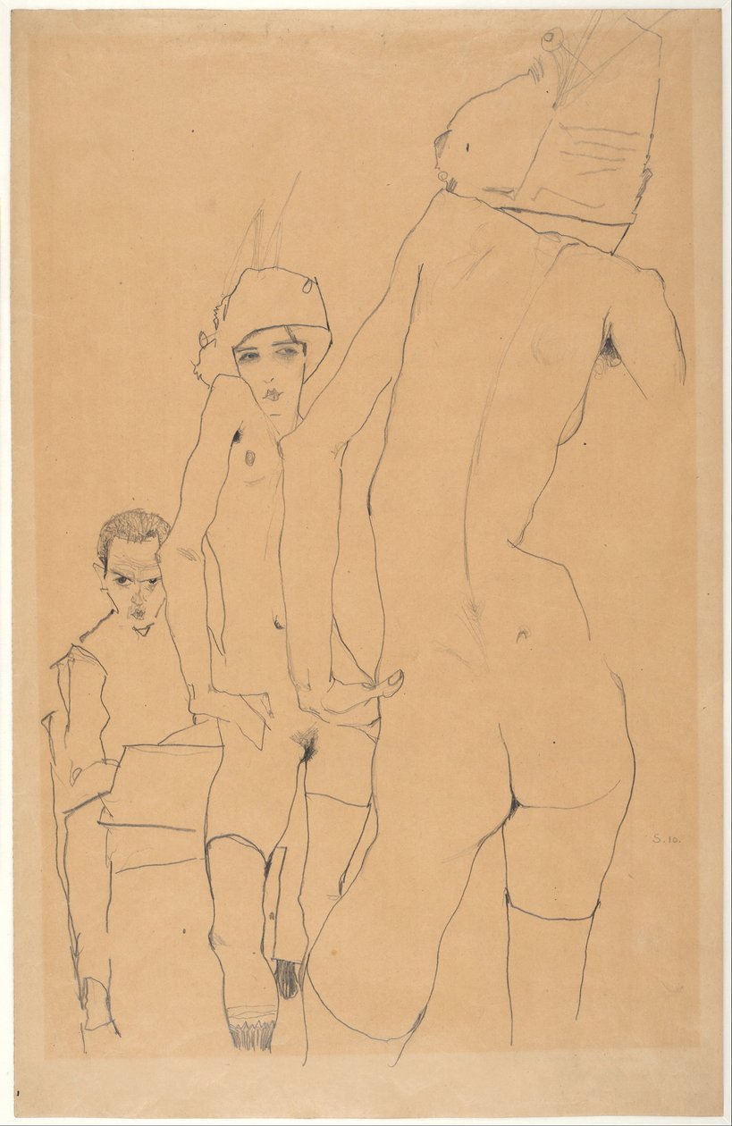 Schiele mit nacktem Modell vor dem Spiegel, 1910 von Egon Schiele