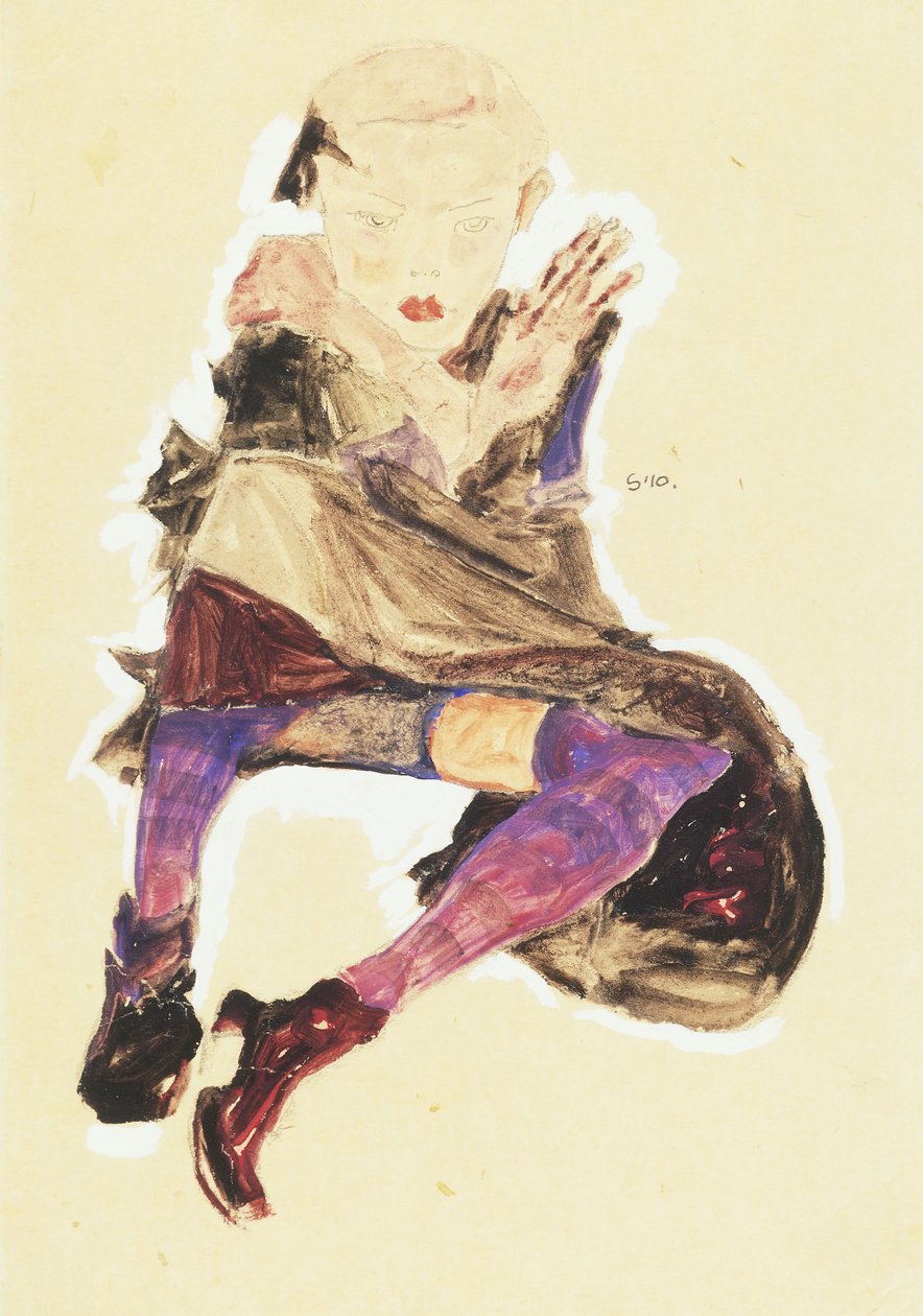 Sitzendes Mädchen mit gestreiften Strümpfen von Egon Schiele