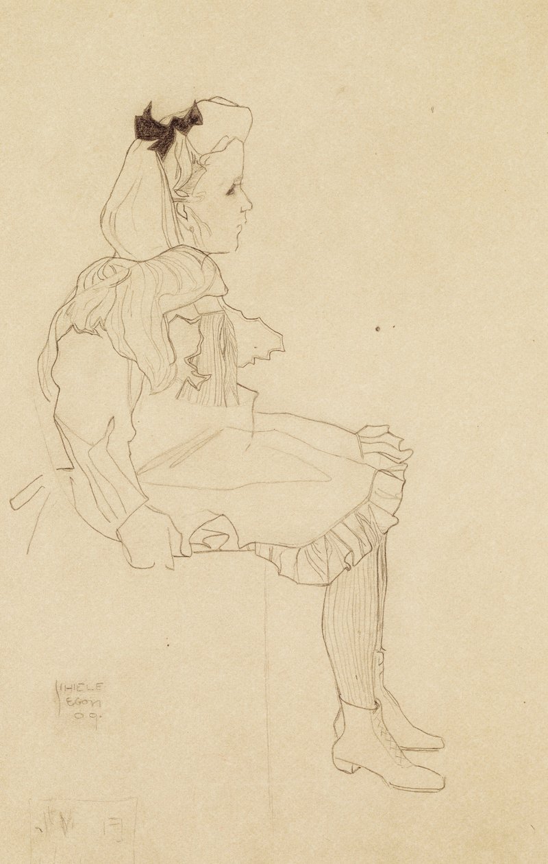 Sitzendes Mädchen mit Schleife im Haar, 1909 von Egon Schiele