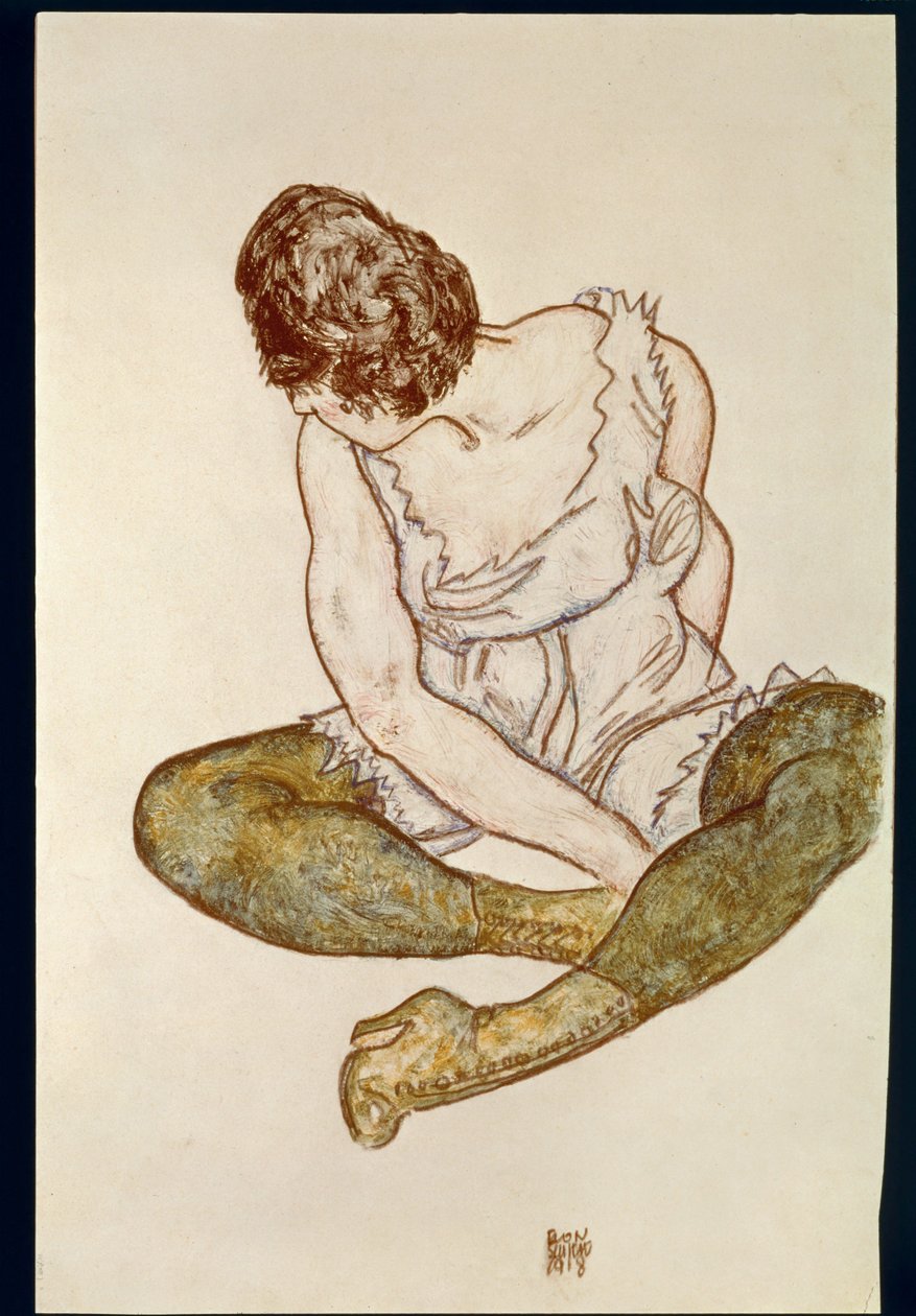 Sitzende Frau mit grünen Strümpfen von Egon Schiele
