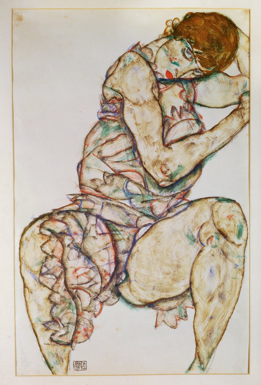 Sitzende Frau mit linker Hand im Haar von Egon Schiele