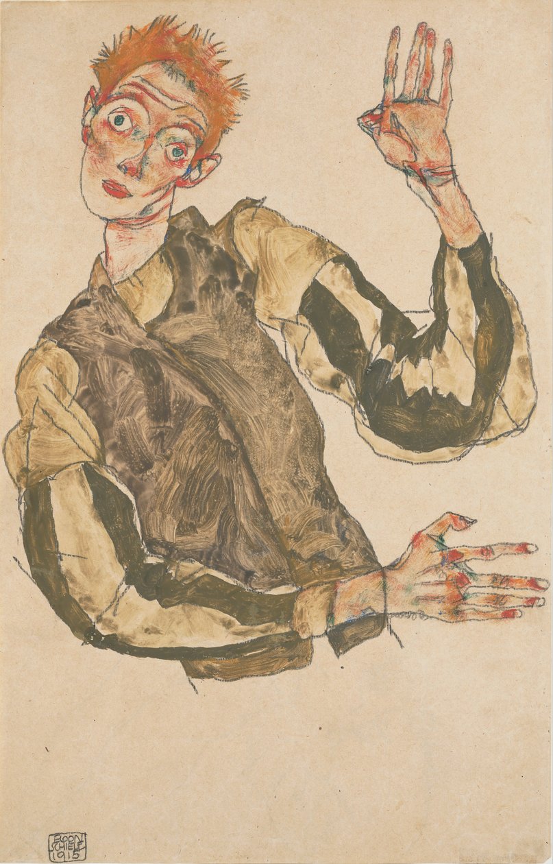 Selbstdarstellung mit gestreiften Ärmelschonern von Egon Schiele