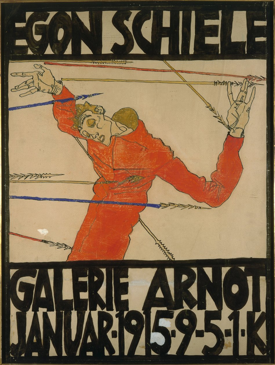 Selbstporträt als Heiliger Sebastian, Plakatentwurf für eine Ausstellung in der Galerie Arnot, 1914 (Gouache, schwarzer Kreide und Tinte auf Karton) von Egon Schiele