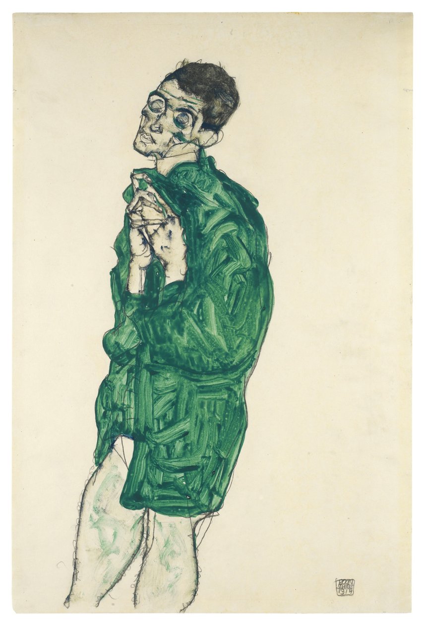 Selbstporträt im grünen Hemd mit geschlossenen Augen, 1914 von Egon Schiele