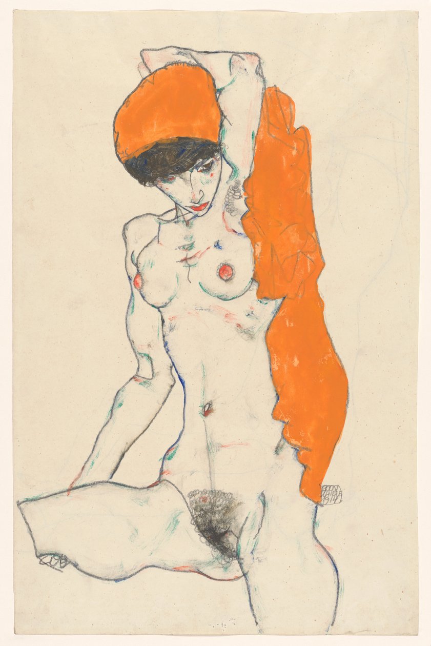 Stehender Akt mit orangefarbenem Tuch (recto): Studie eines Aktes mit erhobenen Armen (verso) von Egon Schiele