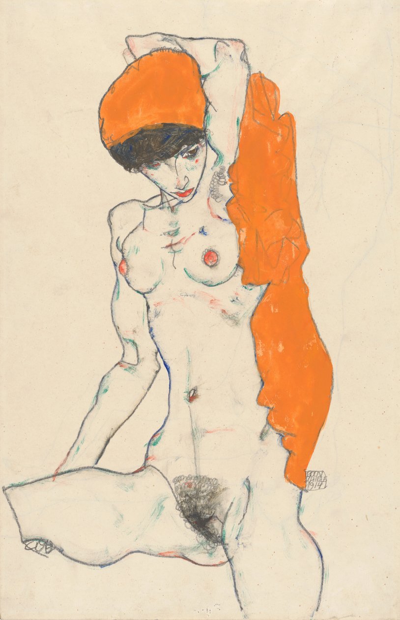 Stehender Akt mit orangefarbener Draperie, 1914 von Egon Schiele