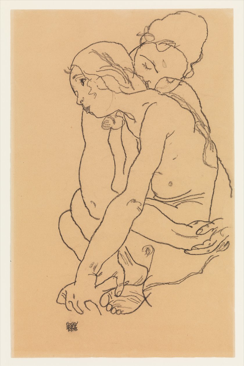 Frau und Mädchen, die sich umarmen von Egon Schiele