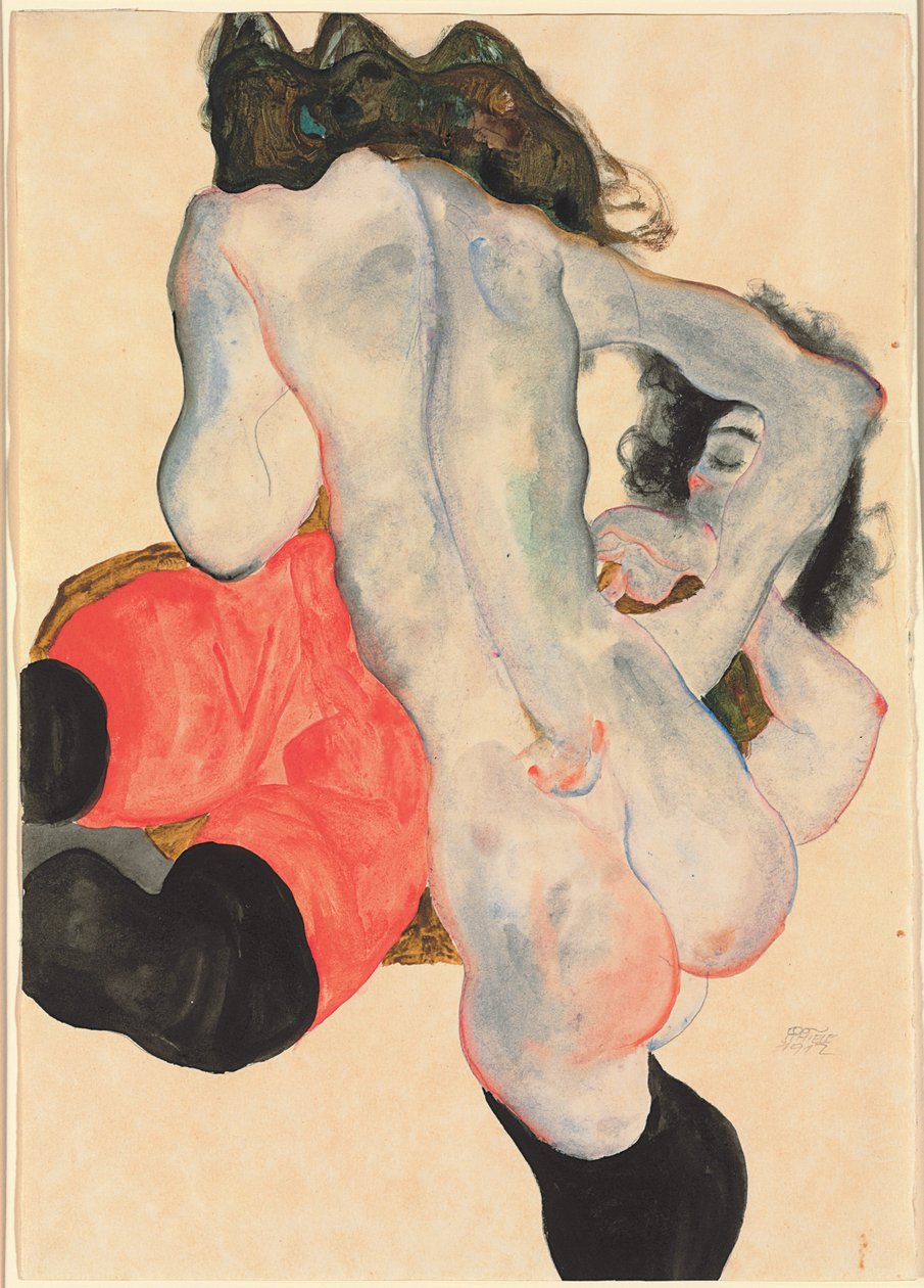 Frau mit roter Hose und stehender weiblicher Akt; Liegende Frau mit roter Hose und stehender weiblicher Akt, 1912 von Egon Schiele