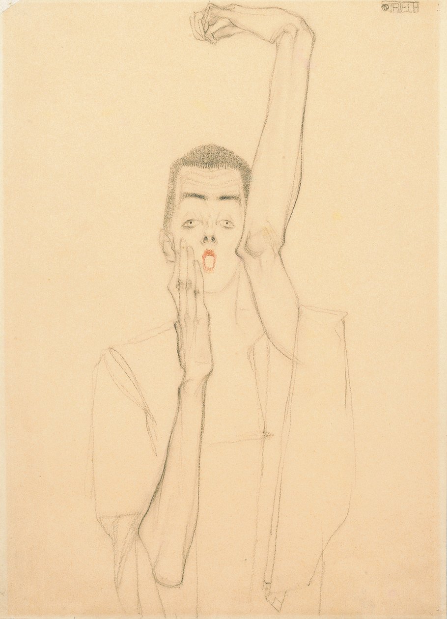 Junger Mann mit erhobenem Arm und rotem Mund; Selbstbildnis mit erhobenem linken Arm und rotem Mund, 1909 von Egon Schiele