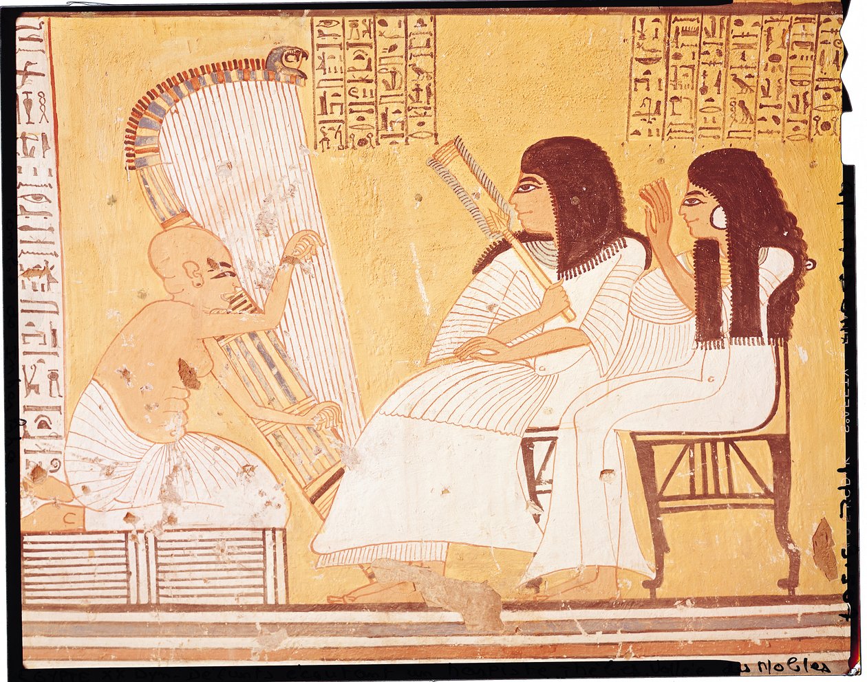 Der Verstorbene und seine Frau hören einem blinden Harfenspieler zu, aus dem Grab von Ankerkhe, Arbeitergräber, Neues Reich (Wandmalerei) von Egyptian 20th Dynasty
