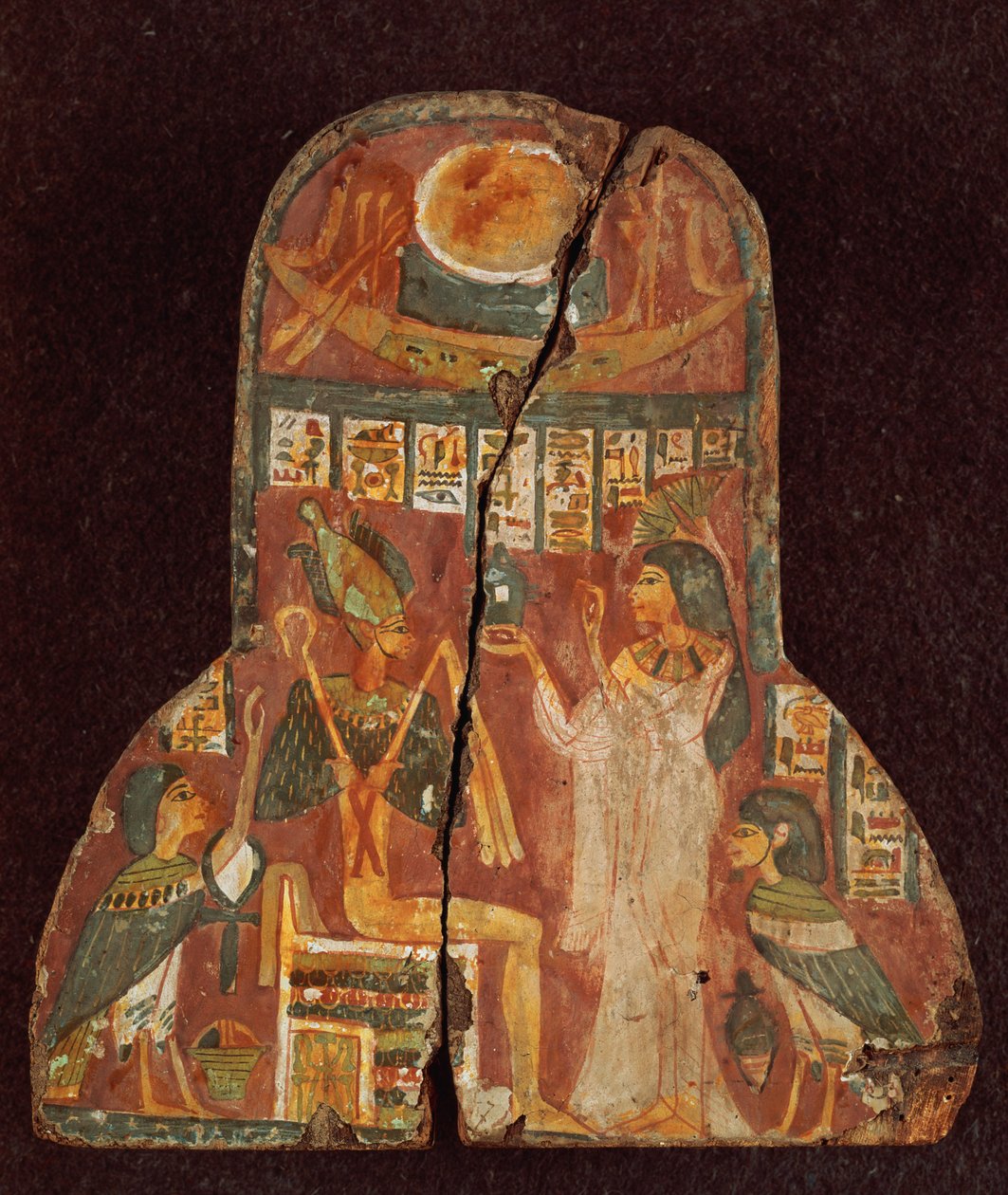 Deckel des Sarges der Sängerin Toarnemiherti, der die Verstorbene zeigt, wie sie Osiris auf dem Thron Weihrauch darbringt, Dritte Zwischenzeit von Egyptian 21st Dynasty