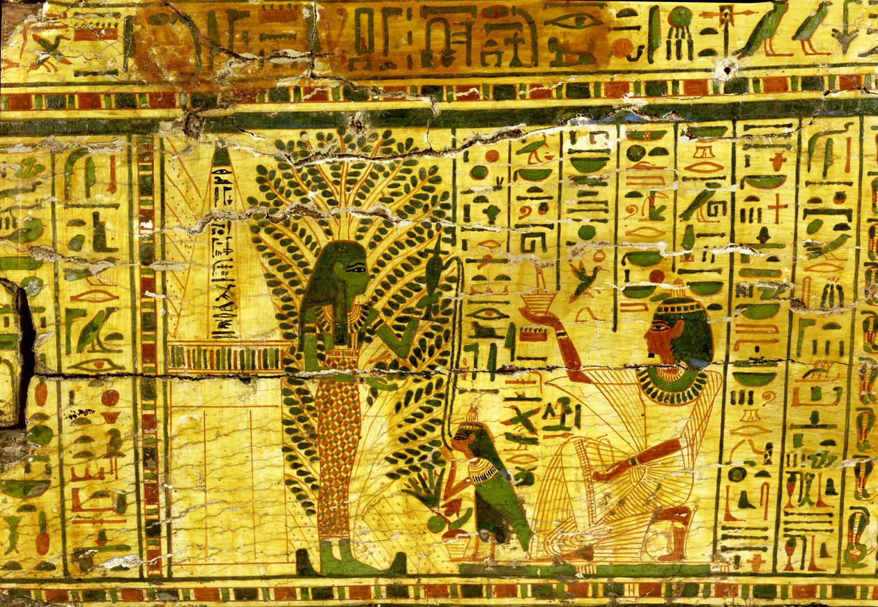 Die Sykomorengöttin Nut gießt eine Flüssigkeit, die von der vogelartigen Seele von Nespawershefyt getrunken wird, Dritte Zwischenzeit, 990-969 v. Chr. von Egyptian 21st Dynasty