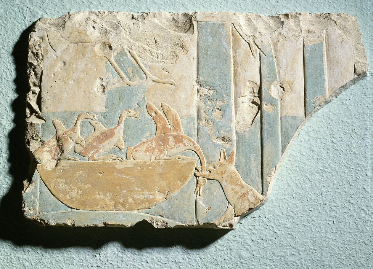 Relief, das einen Überfall eines hundeähnlichen Tieres auf ein Vogelnest darstellt, aus dem Totentempel von König Montuhotep II, Mittleres Reich von Egyptian 11th Dynasty