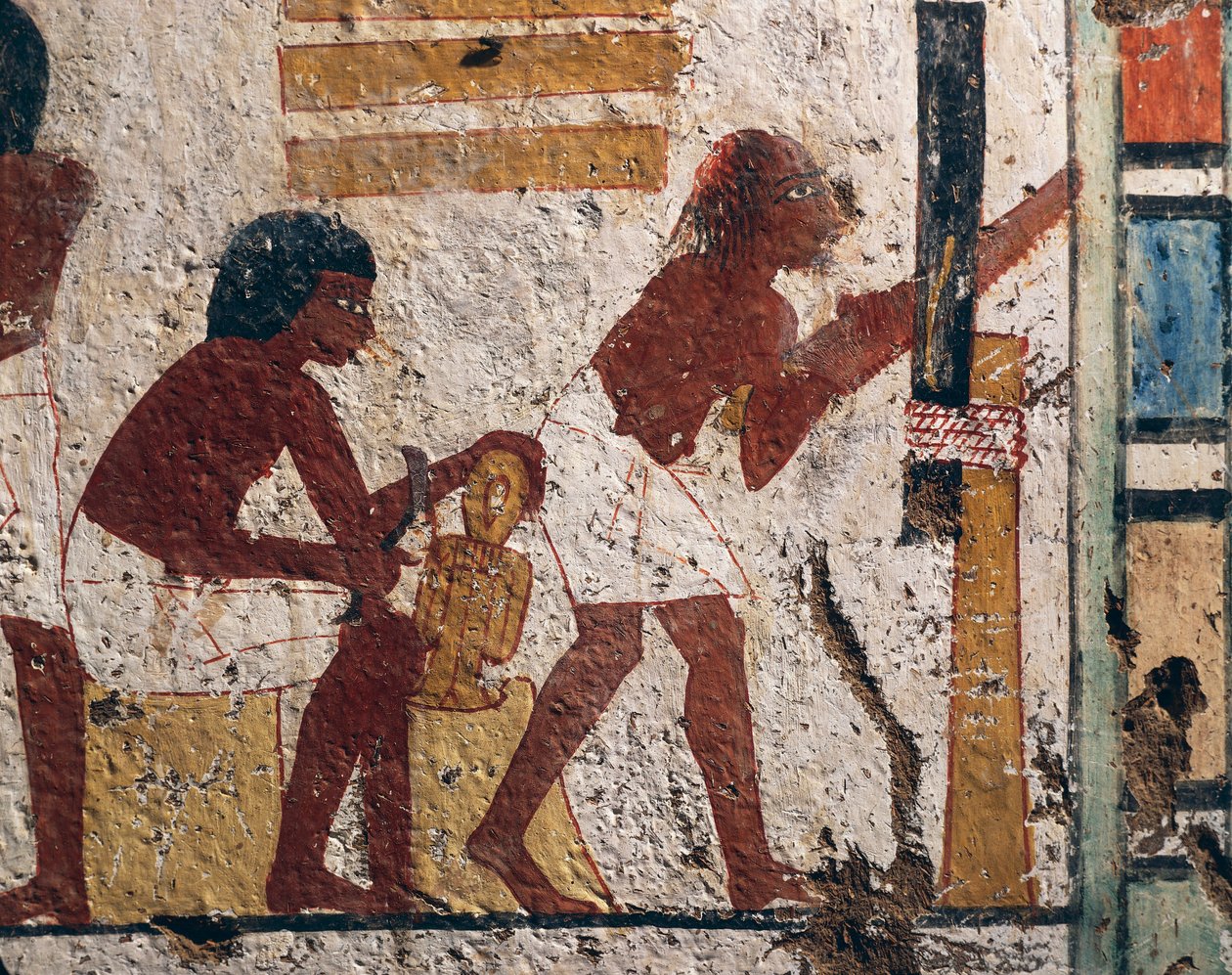 Ägypten, Luxor, West-Theben, Tal der Adligen. Grab von Nenamon und Ipuki. Fresko, das Zimmerleute bei der Arbeit darstellt. (Neues Reich, 18. Dynastie) von Egyptian 18th Dynasty