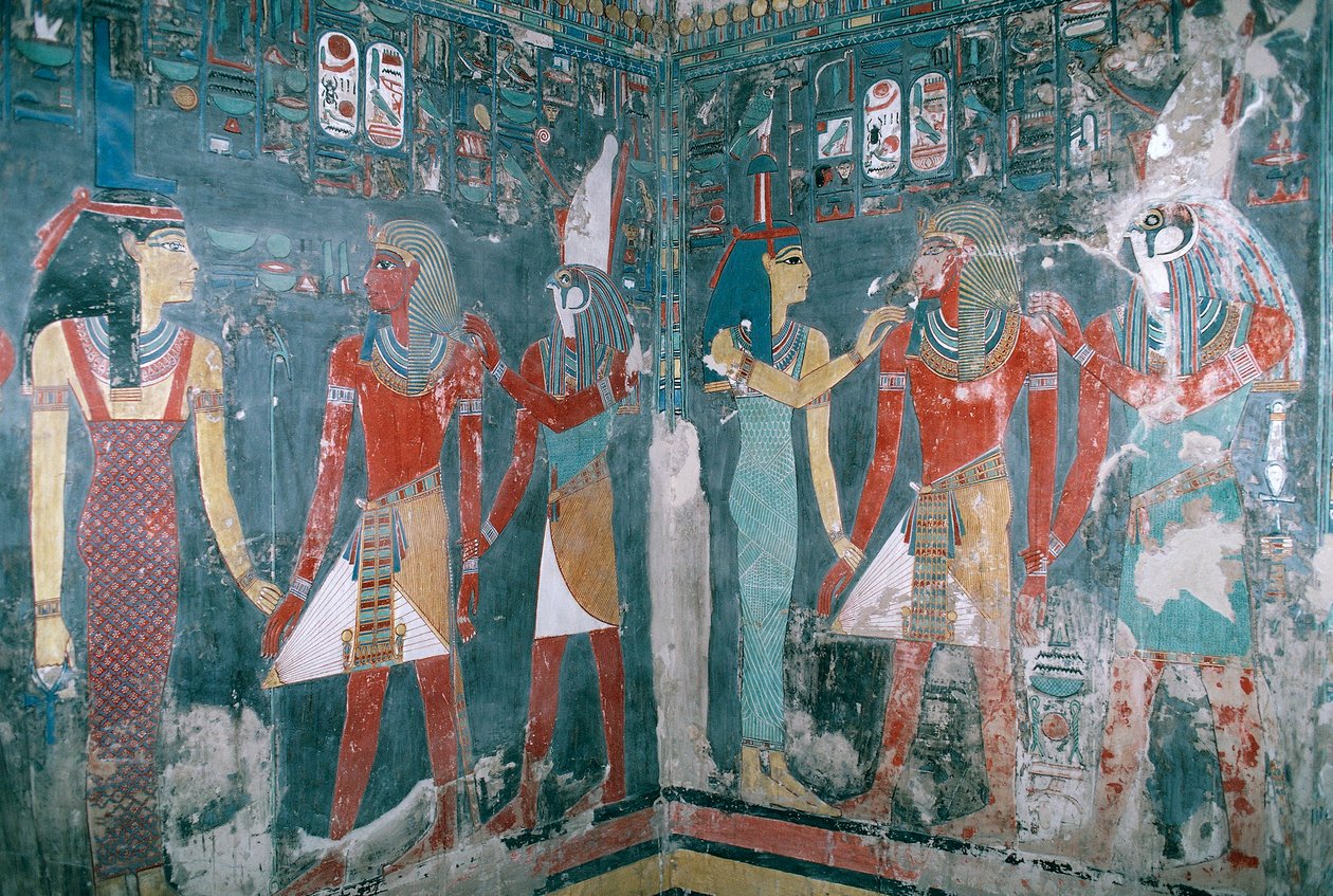 Ägypten, Theben, Luxor, Tal der Könige, Grab von Horemheb, Wandmalerei, die Horemheb zwischen Göttin Isis und Gott Horus darstellt, Neues Reich, Dynastie XVIII von Egyptian 18th Dynasty