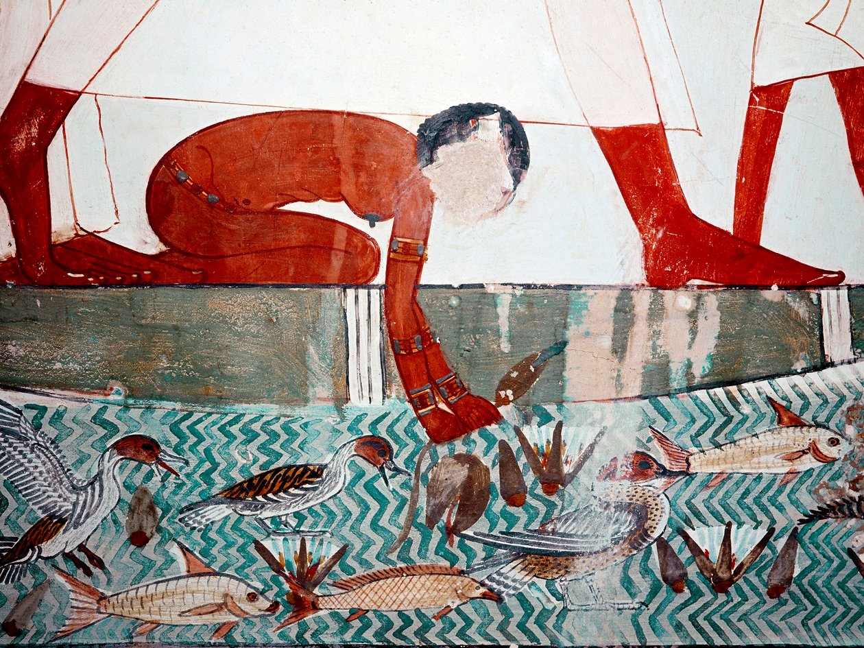 Ägyptische Kunst: Grab des Menna. Fischszene, Detail. Eine nackte Magd pflückt eine Lotusblume von Egyptian 18th Dynasty