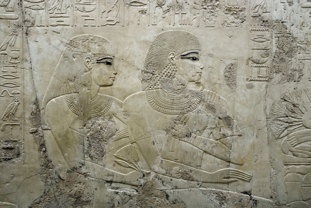 Ägyptische Antike: Basrelief, das die Gäste eines Begräbnisbanketts darstellt - Grab des Wesirs Ramose (18. Dynastie) - Luxor, Theben, Grab der Adligen Ägypten von Egyptian 18th Dynasty