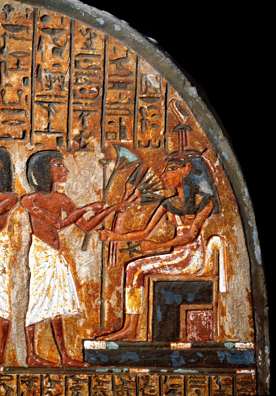 Ägyptische Antike: Grabstele von Minhotep: Detail, das ein Blumenopfer an die Göttin Hathor darstellt, die den Schlüssel des Lebens in Form eines Ankh hält. 18. Dynastie. 14. Jahrhundert v. Chr. Turin, Ägyptisches Museum von Egyptian 18th Dynasty