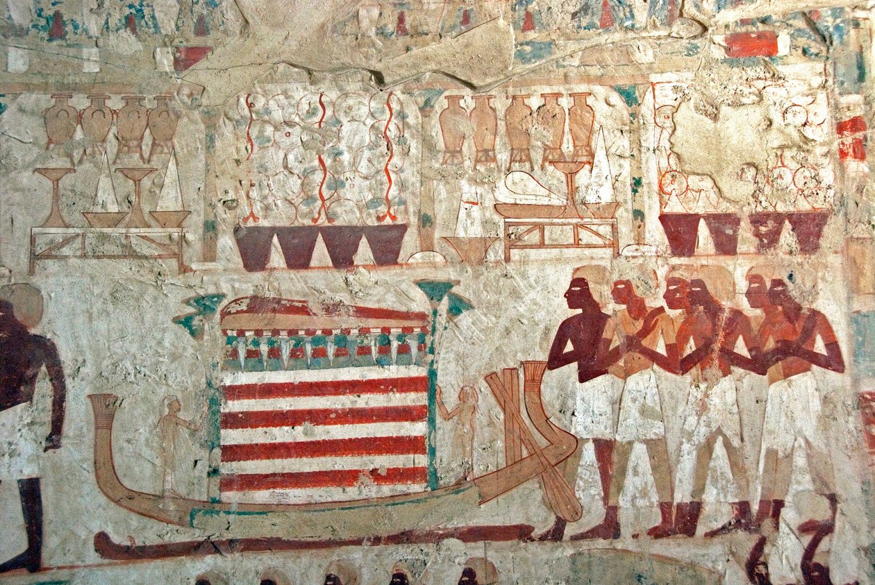 Ägyptische Antike: Malerei, die das Grab von Userhat dekoriert, darstellend das heilige Boot mit dem Katafalk und der Mumie von Userhat von Egyptian 18th Dynasty