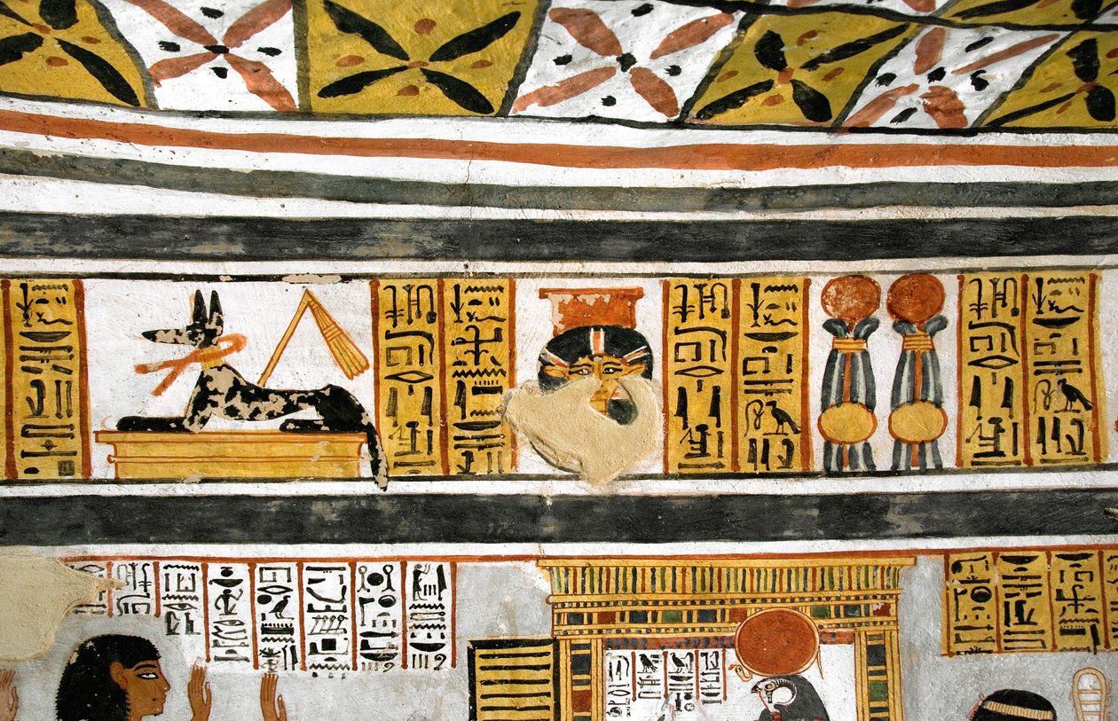 Ägyptische Antiquitäten: Darstellung von Anubis, Hathor und Hieroglyphen. Gemälde aus dem Grab von Roy von Egyptian 18th Dynasty