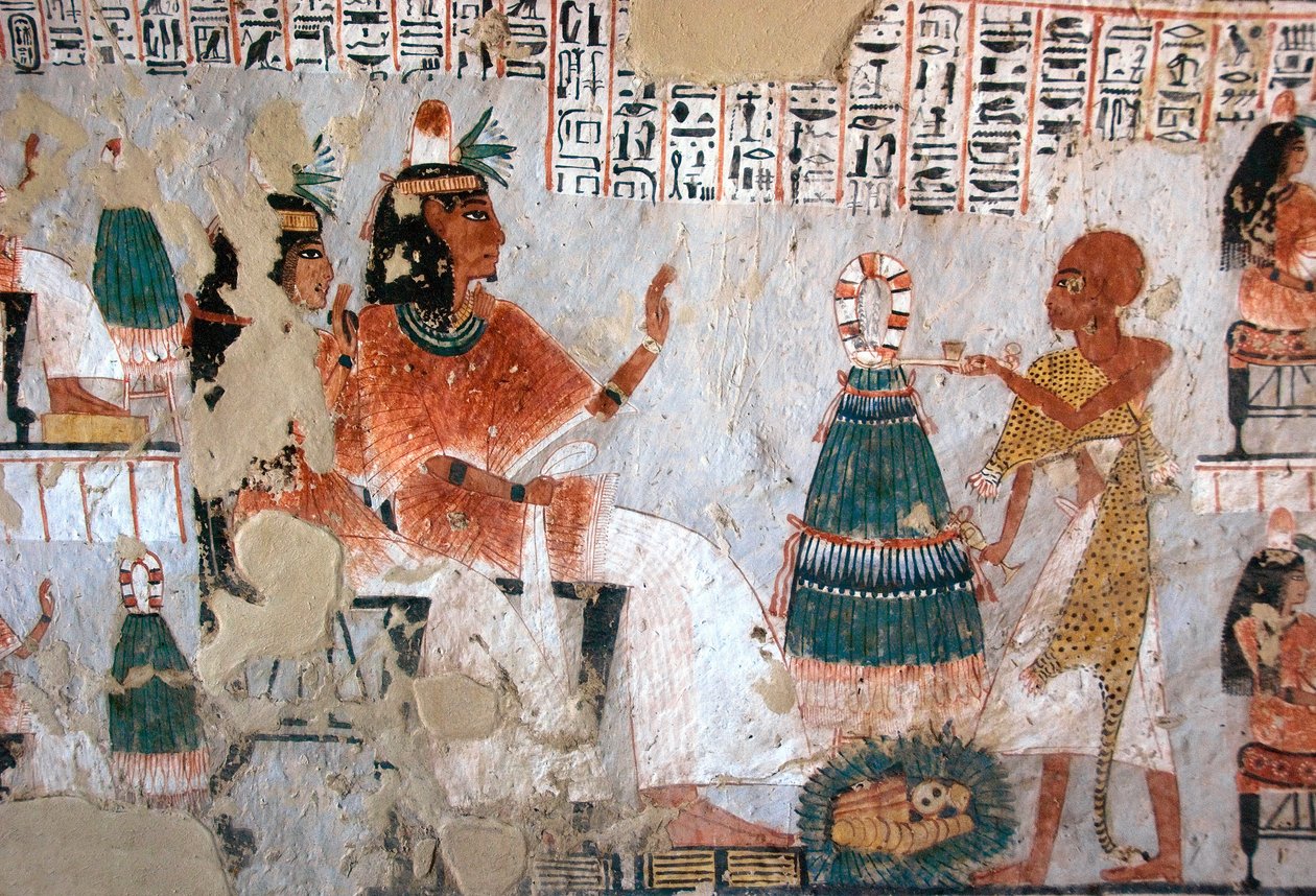 Ägyptische Antike: Darstellung von Roy und seiner Frau Nebtawy vor einem Hohepriester. Gemälde aus dem Grab von Roy (TT255). 18. Dynastie. Vom Westufer von Luxor, Ägypten von Egyptian 18th Dynasty