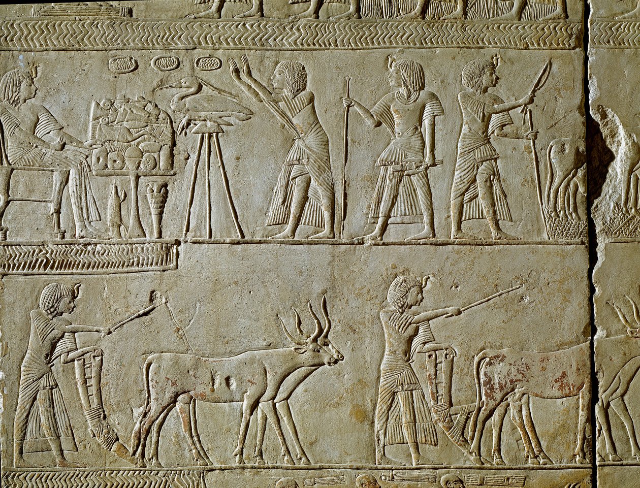 Ägyptische Antike: Szenen der Feldarbeit und Opfergaben an den Pharao. Detail eines Reliefs aus dem Grab von Horemhed (ca. 1323-1293 v. Chr.), königlicher Schreiber von Tutanchamun. 1354-1326 v. Chr. Bologna, Civico Museo Archeologico von Egyptian 18th Dynasty