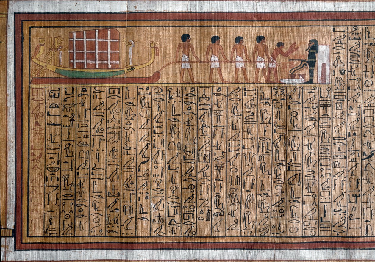 Ägyptische Antiquität: Der Transport des Katafalks zum Grab. Papyrus. Totenbuch des Kha. 18. Dynastie von Egyptian 18th Dynasty