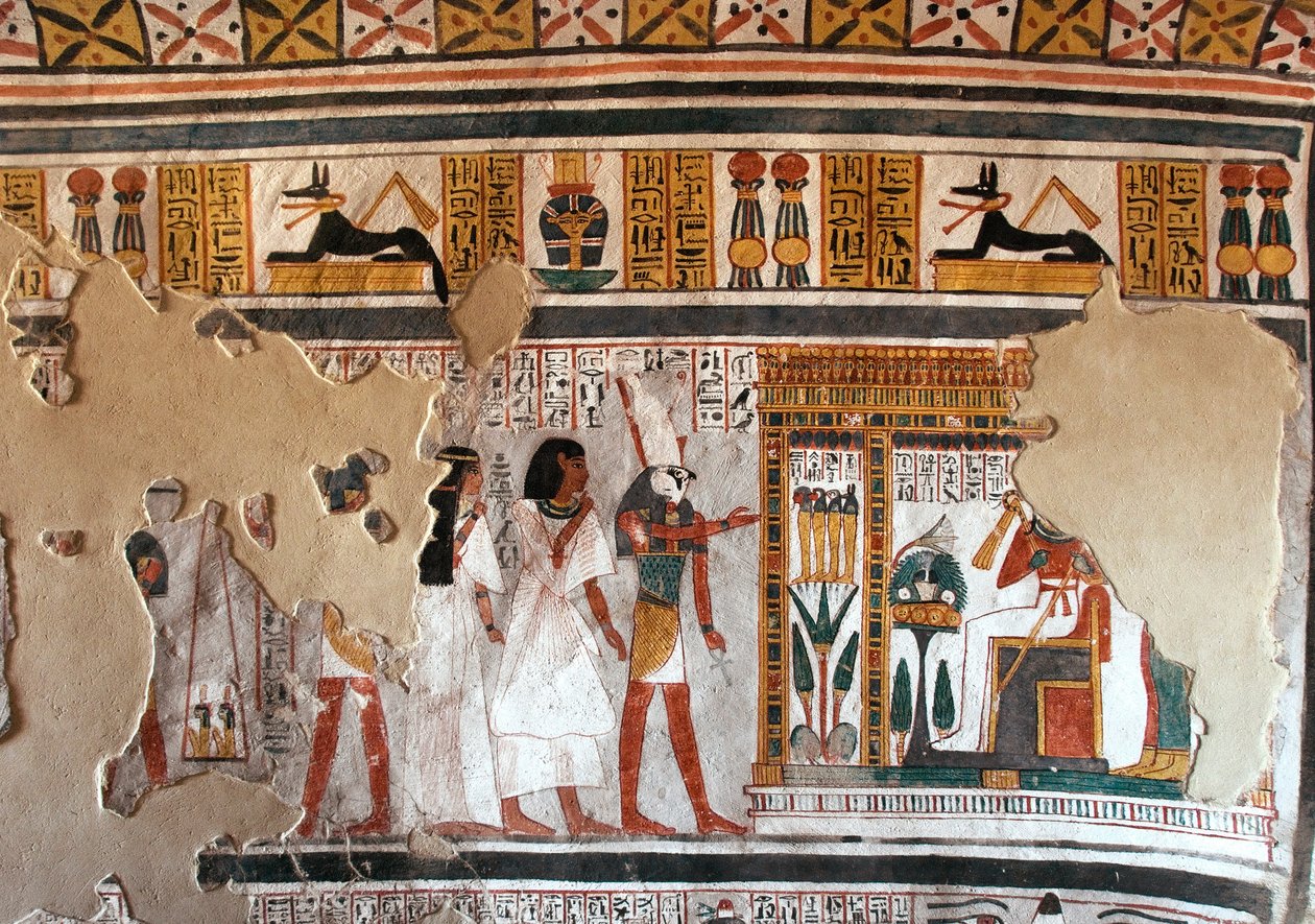 Ägyptische Antike: Horus führt Roy und seine Frau zu Osiris. Fragmente eines Freskos aus dem Grab von Roy (TT255). 18. Dynastie. Vom Westufer von Luxor, Ägypten von Egyptian 18th Dynasty