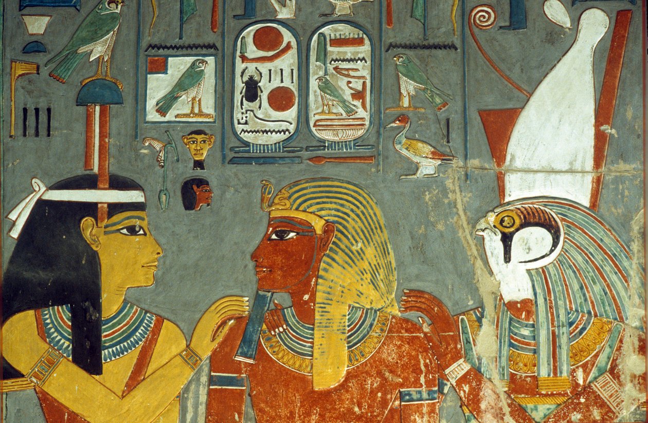 Horus, Horemheb und Hathor, aus dem Grab von Horemheb (ca. 1323-1295 v. Chr.) Neues Reich von Egyptian 18th Dynasty