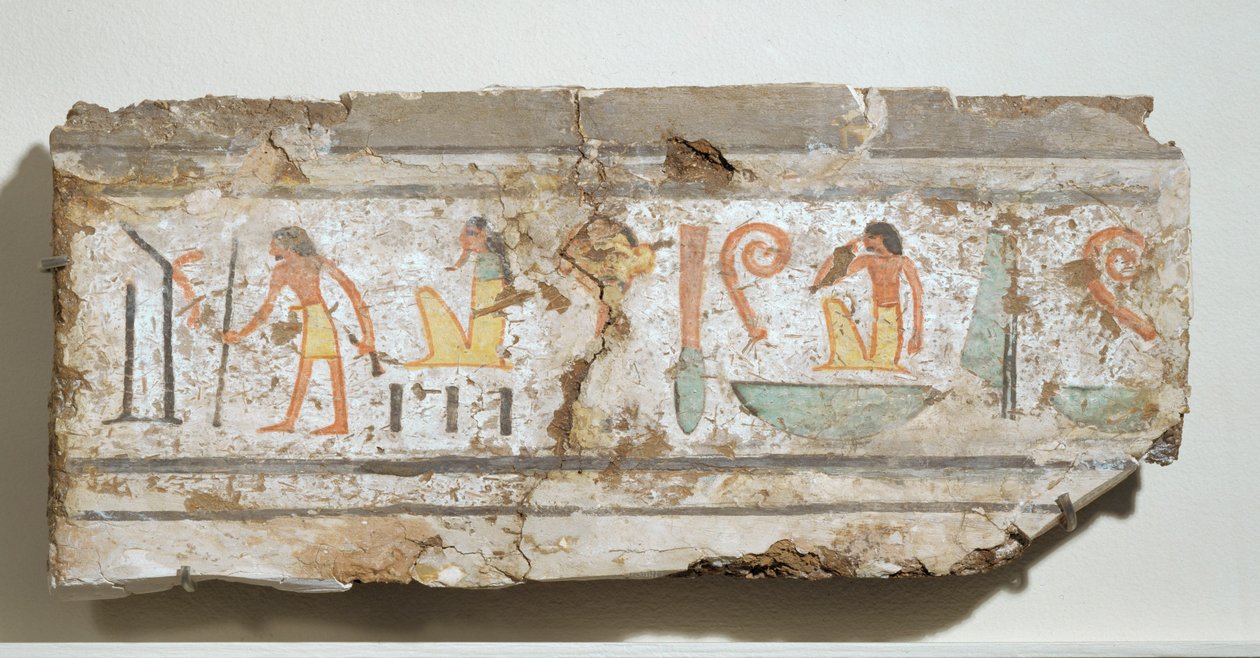 Inschrift in besonders klaren Hieroglyphen: ein Mann mit Gehstock, ein bärtiger Gott hockend, ein Mann mit der Hand am Mund von Egyptian 18th Dynasty