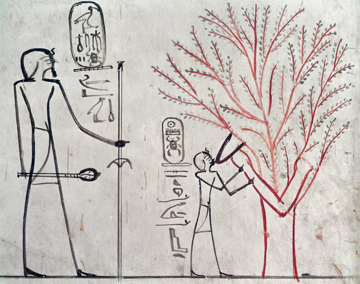 Isis, die sich in einen Sykomorenbaum verwandelt und Tuthmosis III. (ca. 1479-1425 v. Chr.) säugt (Wandmalerei) von Egyptian 18th Dynasty
