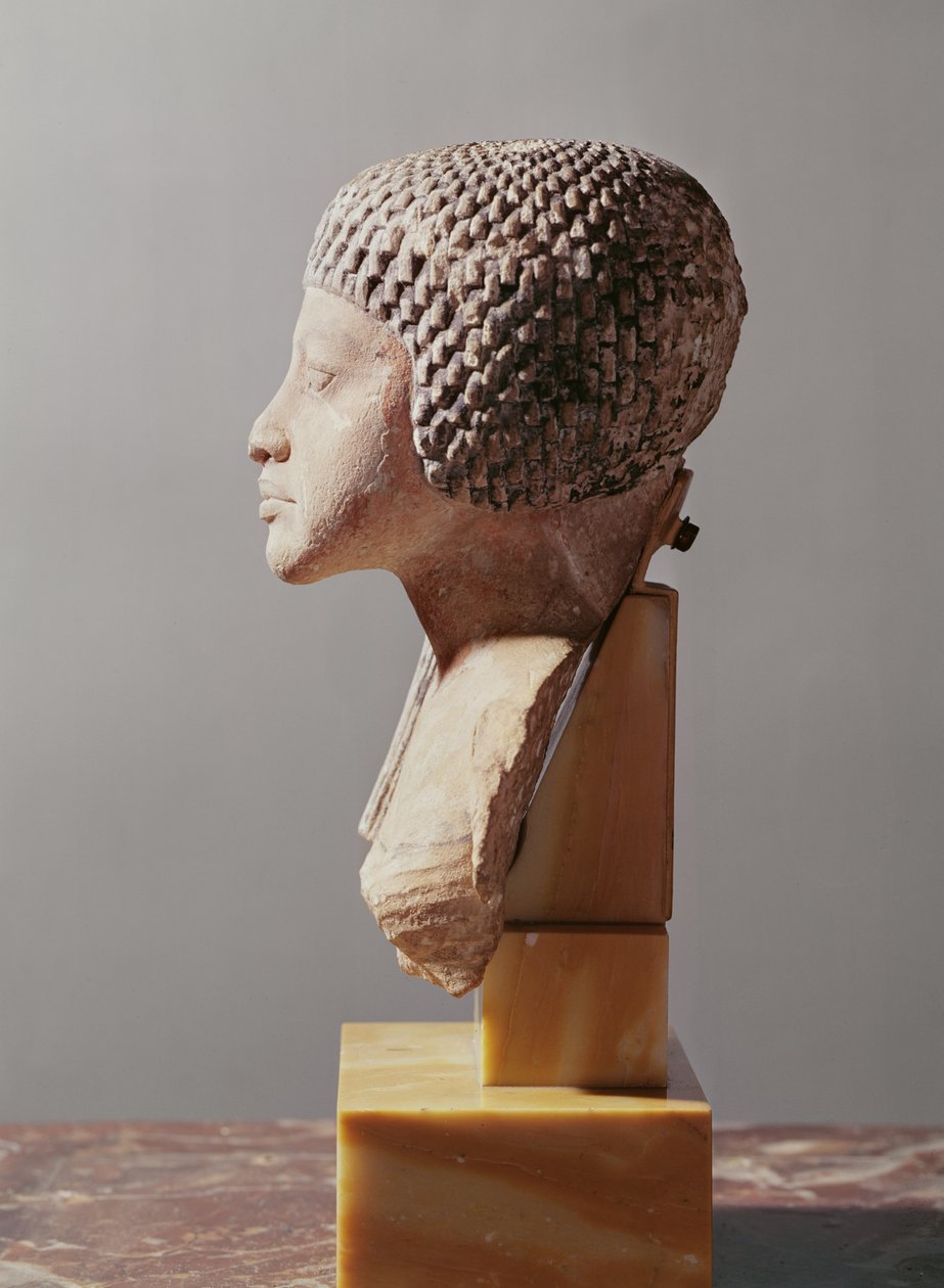 Linkes Profil des Kopfes einer Prinzessin aus der Familie von Echnaton, Neues Reich (bemalter Kalkstein) von Egyptian 18th Dynasty