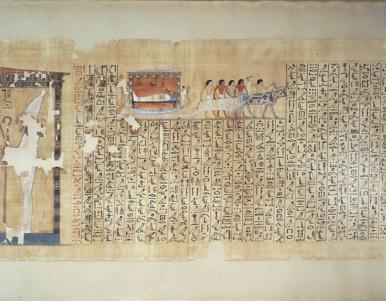 Papyrus, der den Transport des Sarkophags auf einem von Ochsen gezogenen Wagen darstellt, aus dem Totenbuch des Maiherperi von Egyptian 18th Dynasty