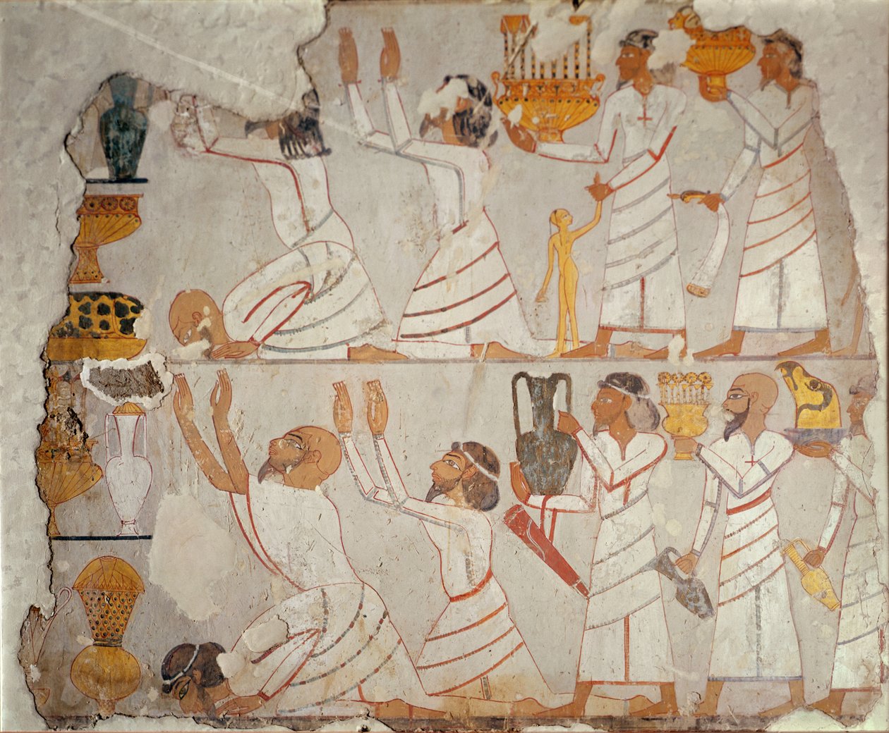 Teil einer bemalten Grabwand, die asiatische Tributträger zeigt, ca. 1400 v. Chr. von Egyptian 18th Dynasty