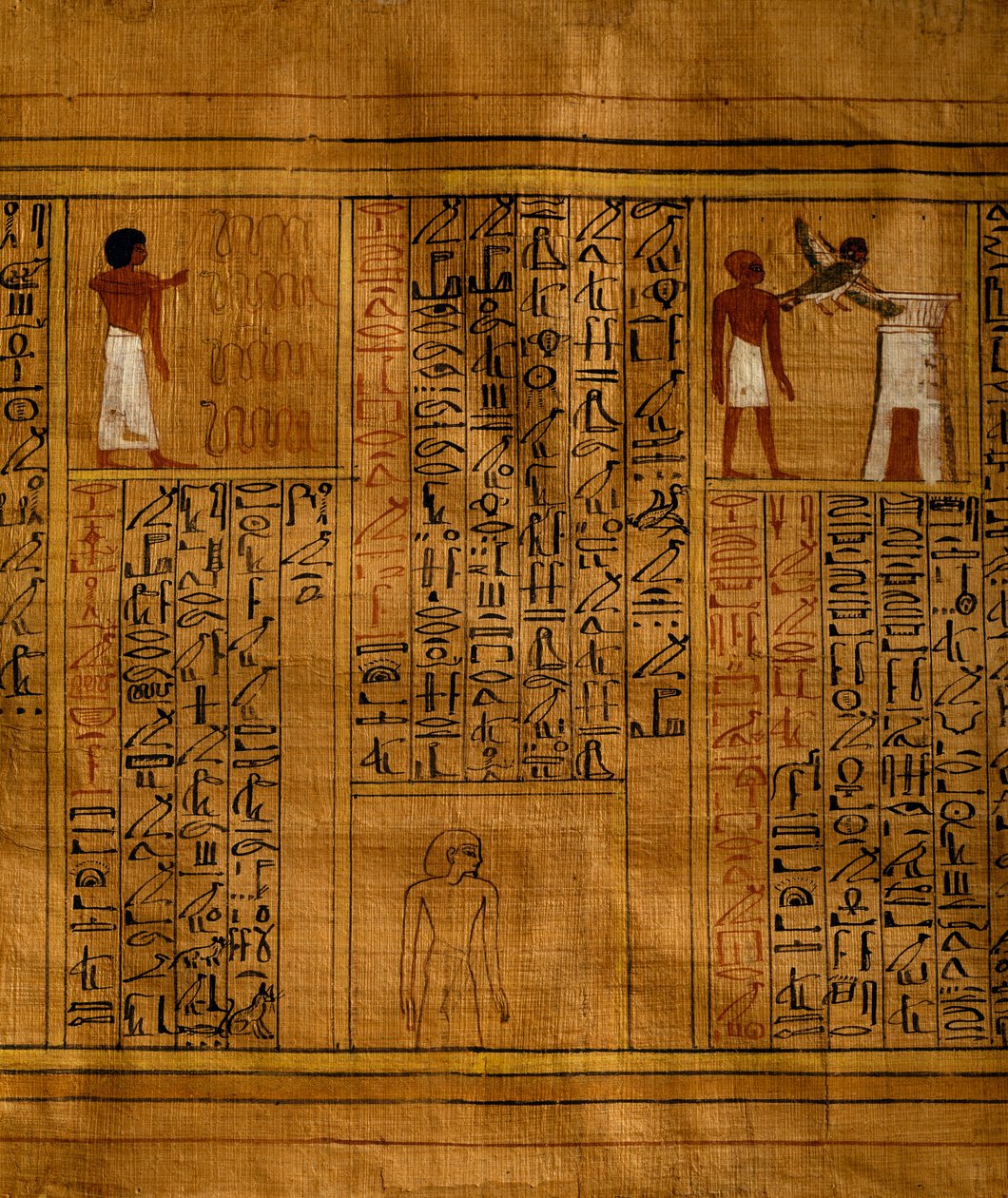 Teil des Totenbuchs mit Text in vertikalen Hieroglyphenspalten und Einsätzen mit polychromen Illustrationen, Papyrus, 34 cm x 14 cm, aus dem Grab von Kha in Deir el-Medina, ägyptische Zivilisation, Neues Reich, Dynastie XVIII von Egyptian 18th Dynasty
