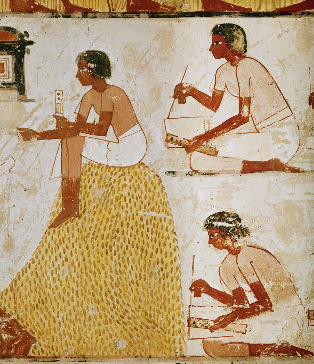 Schreiber mit Rohrfedern und Papyrusblättern messen und zeichnen die Ernte auf von Egyptian 18th Dynasty