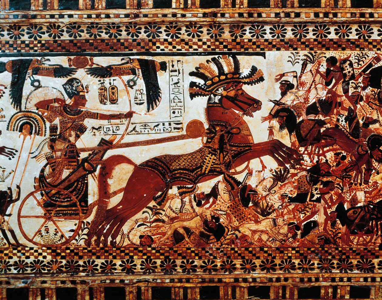 Die Jagdhütte. Detail der Szene, die den König auf seinem Streitwagen zeigt, wie er asiatische Feinde besiegt von Egyptian 18th Dynasty