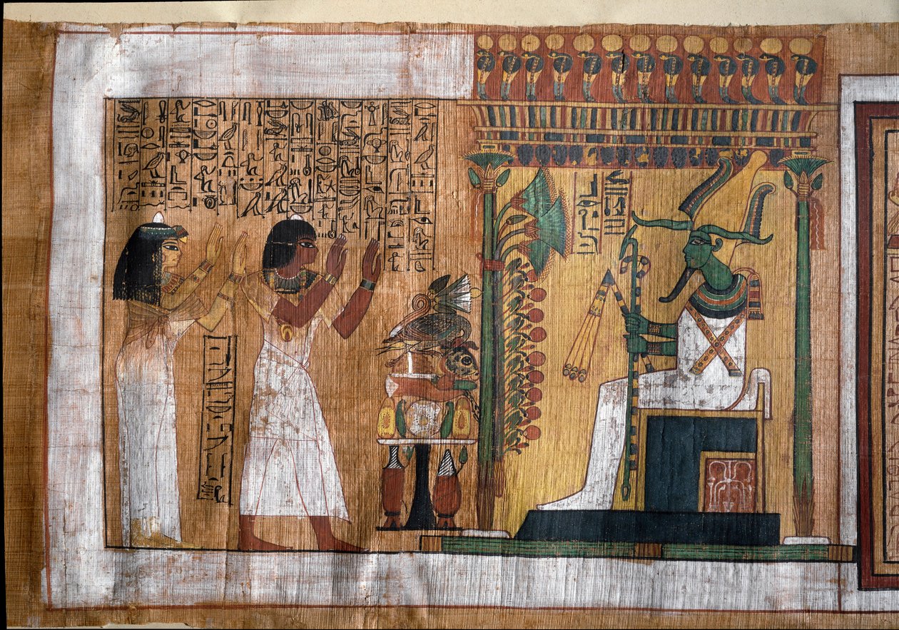 Der verstorbene Kha und seine Frau Merit verehren Osiris, Herrn des Jenseits. Papyrus aus dem Totenbuch, aus der Grabkammer des Architekten Kha von Egyptian 18th Dynasty